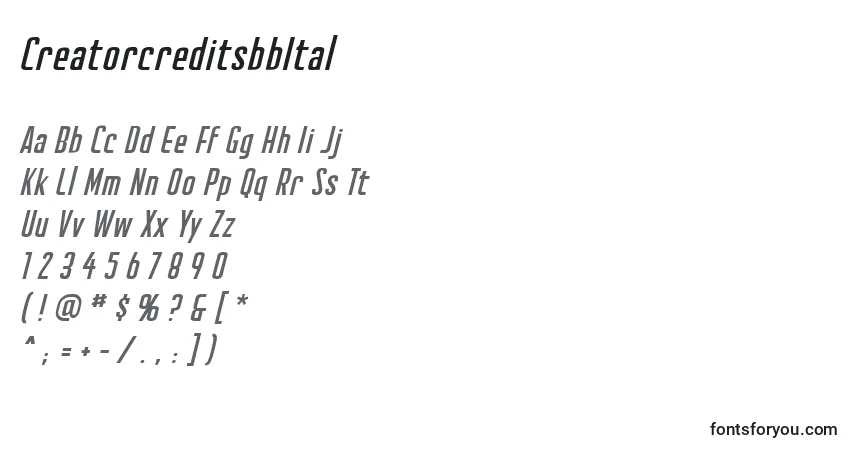 Шрифт CreatorcreditsbbItal (48355) – алфавит, цифры, специальные символы