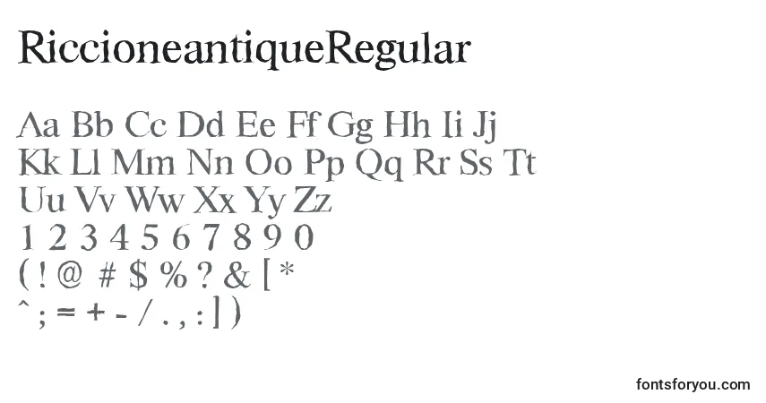 Czcionka RiccioneantiqueRegular – alfabet, cyfry, specjalne znaki