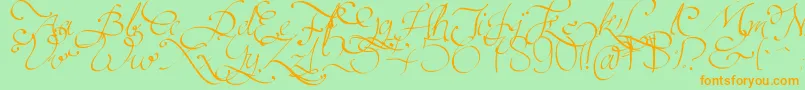フォントPersifal – オレンジの文字が緑の背景にあります。
