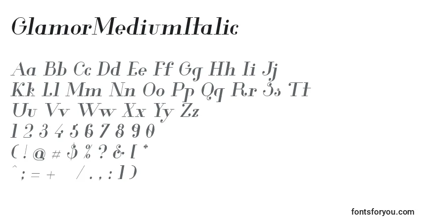 Шрифт GlamorMediumItalic (48382) – алфавит, цифры, специальные символы