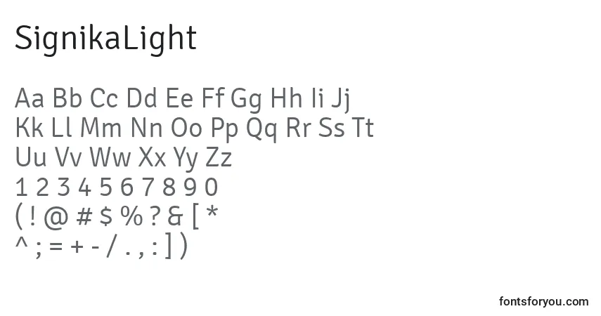 A fonte SignikaLight – alfabeto, números, caracteres especiais