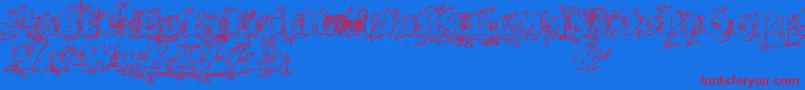 Darkwoodbeveled-Schriftart – Rote Schriften auf blauem Hintergrund