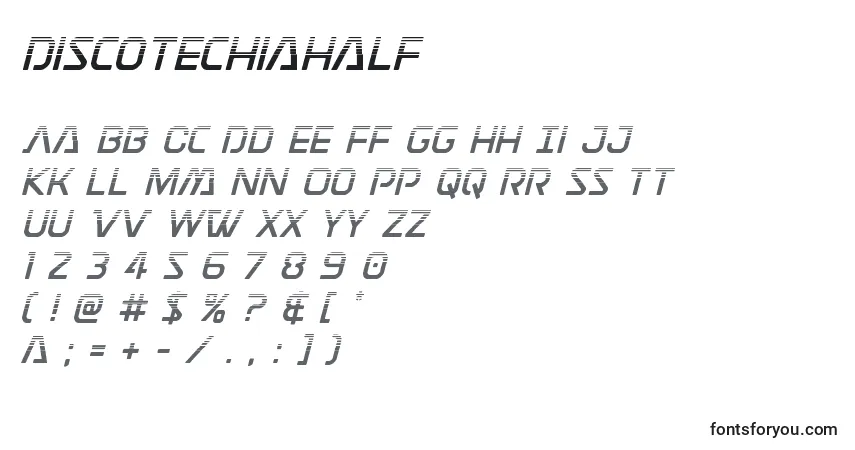 Czcionka Discotechiahalf – alfabet, cyfry, specjalne znaki