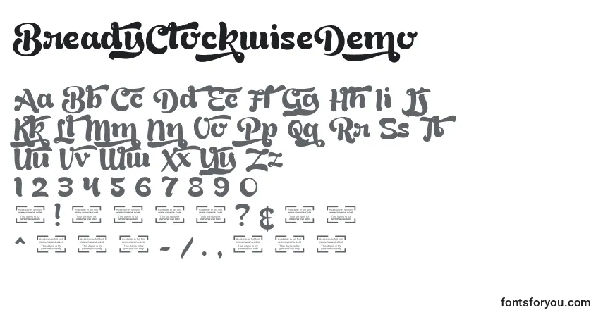 A fonte BreadyClockwiseDemo – alfabeto, números, caracteres especiais