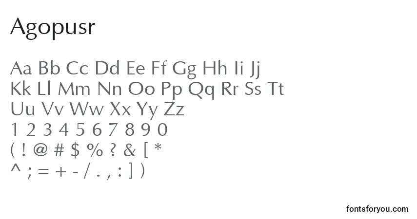 Schriftart Agopusr – Alphabet, Zahlen, spezielle Symbole