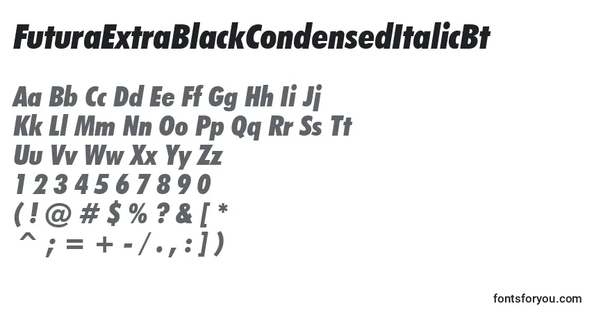 A fonte FuturaExtraBlackCondensedItalicBt – alfabeto, números, caracteres especiais