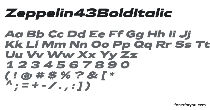 Шрифт Zeppelin43BoldItalic – алфавит, цифры, специальные символы