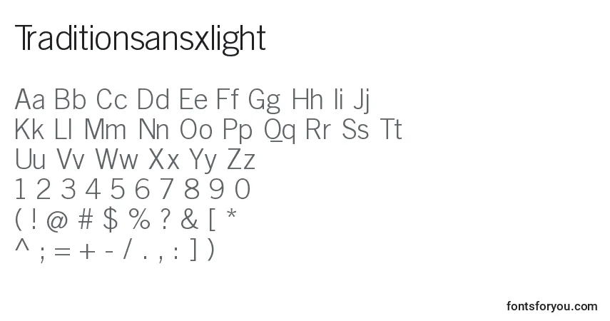 Czcionka Traditionsansxlight – alfabet, cyfry, specjalne znaki