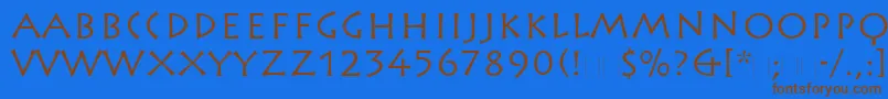 フォントRusticanaLtRoman – 茶色の文字が青い背景にあります。