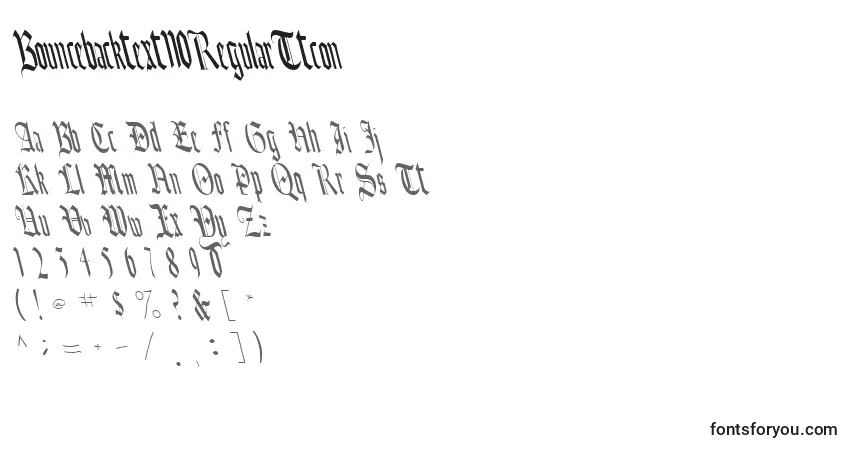 Czcionka Bouncebacktext110RegularTtcon – alfabet, cyfry, specjalne znaki
