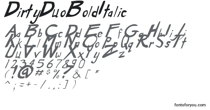 A fonte DirtyDuoBoldItalic – alfabeto, números, caracteres especiais