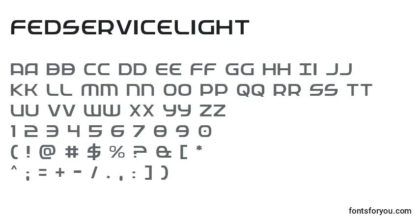 Czcionka Fedservicelight – alfabet, cyfry, specjalne znaki