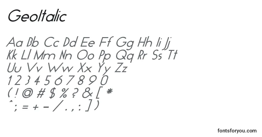 A fonte GeoItalic – alfabeto, números, caracteres especiais