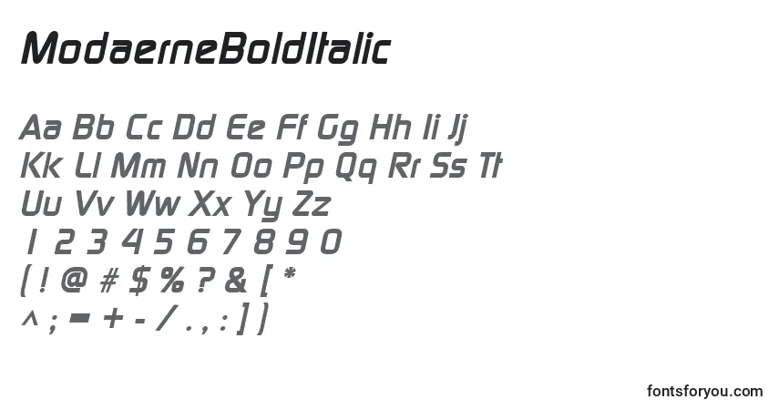 A fonte ModaerneBoldItalic – alfabeto, números, caracteres especiais