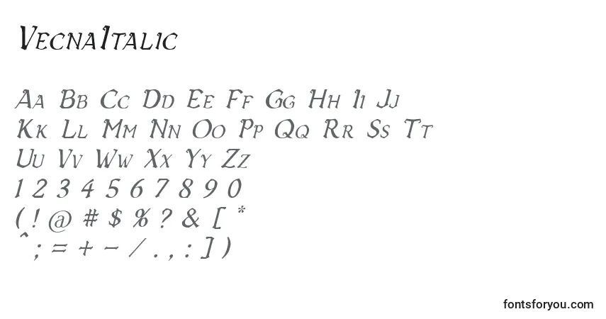 A fonte VecnaItalic – alfabeto, números, caracteres especiais