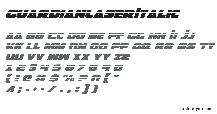 Schriftart GuardianLaserItalic – Alphabet, Zahlen, spezielle Symbole