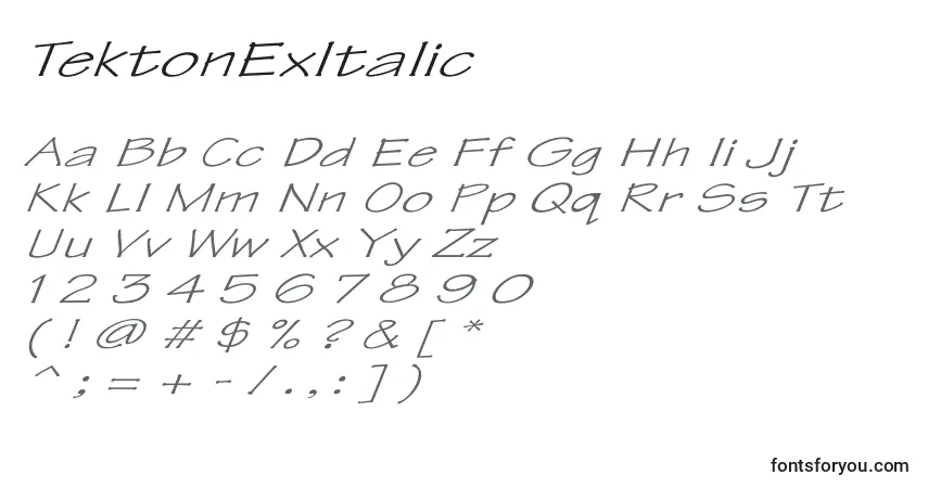 A fonte TektonExItalic – alfabeto, números, caracteres especiais