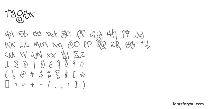 Czcionka Tagsx – alfabet, cyfry, specjalne znaki