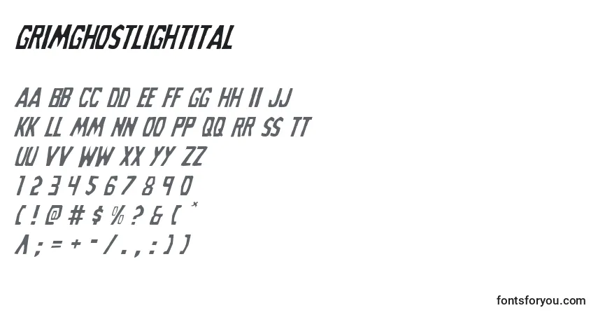 Czcionka Grimghostlightital – alfabet, cyfry, specjalne znaki