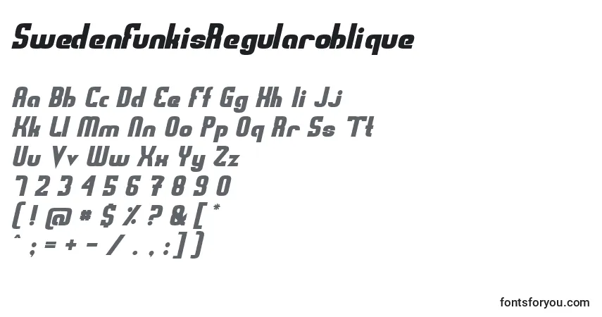 Шрифт SwedenFunkisRegularoblique – алфавит, цифры, специальные символы