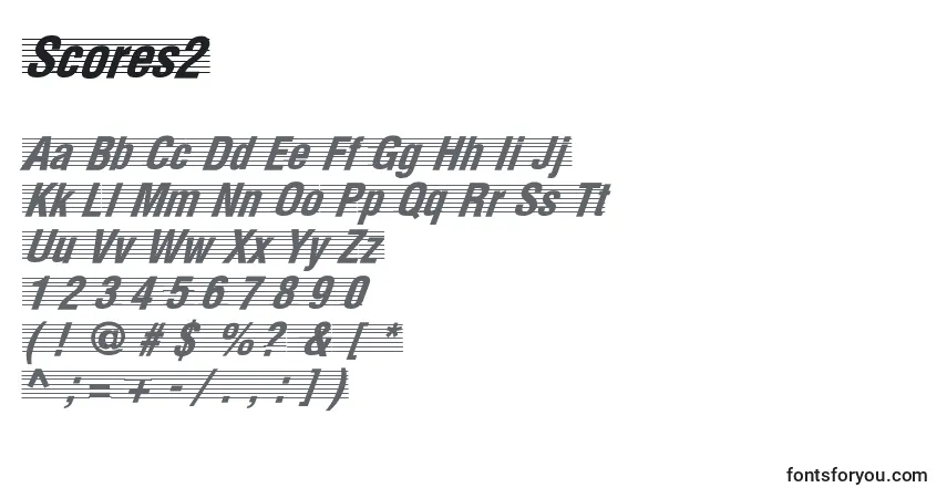 A fonte Scores2 – alfabeto, números, caracteres especiais