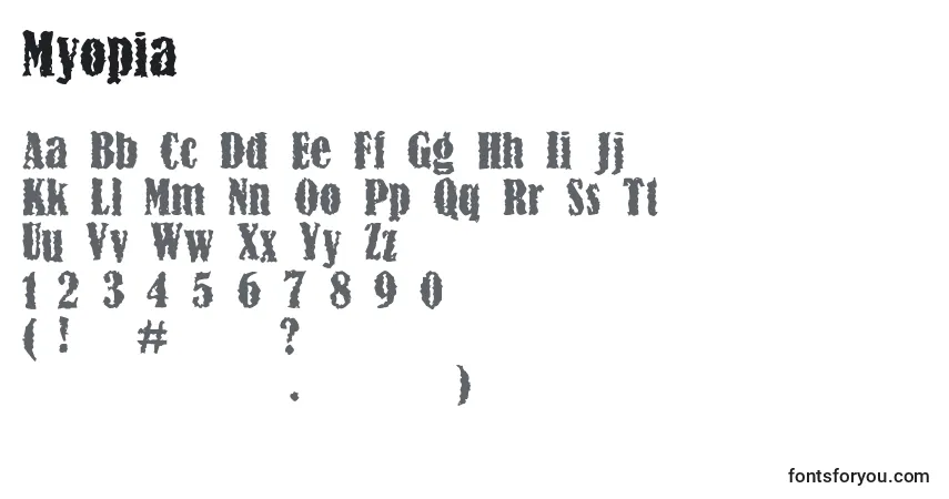 Schriftart Myopia – Alphabet, Zahlen, spezielle Symbole
