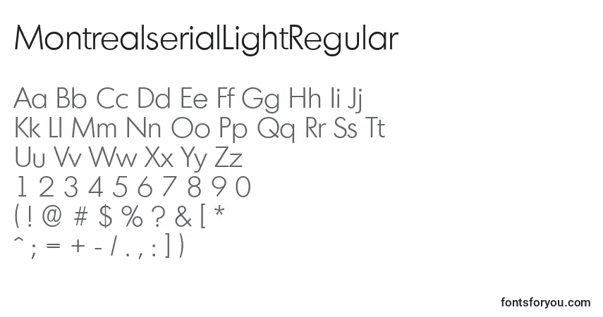 A fonte MontrealserialLightRegular – alfabeto, números, caracteres especiais