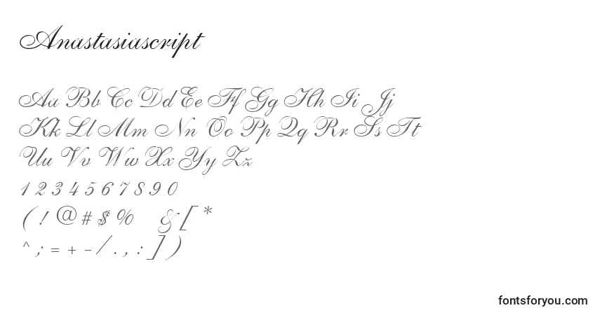 Schriftart Anastasiascript – Alphabet, Zahlen, spezielle Symbole