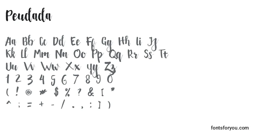 Czcionka Peudada – alfabet, cyfry, specjalne znaki