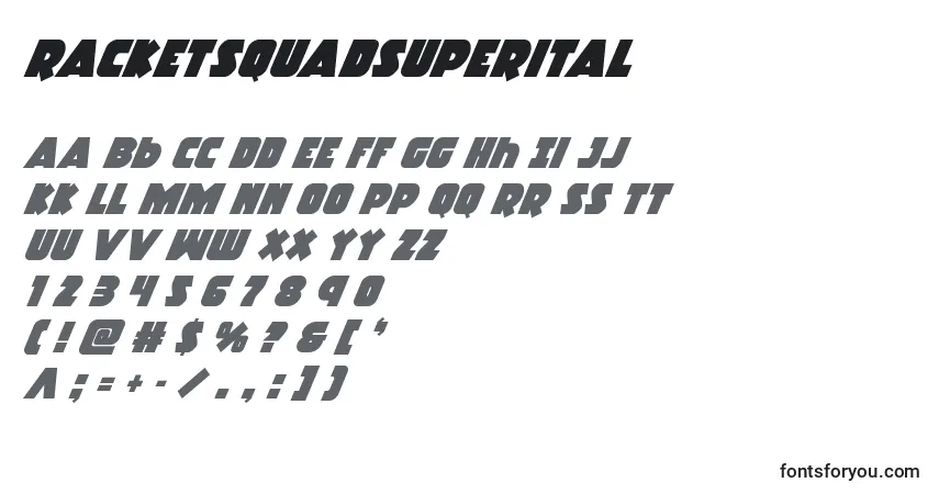 A fonte Racketsquadsuperital – alfabeto, números, caracteres especiais