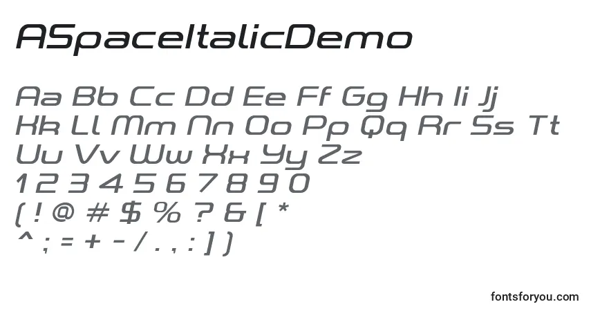 Schriftart ASpaceItalicDemo – Alphabet, Zahlen, spezielle Symbole