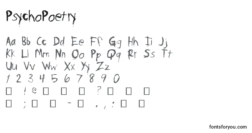 Czcionka PsychoPoetry – alfabet, cyfry, specjalne znaki