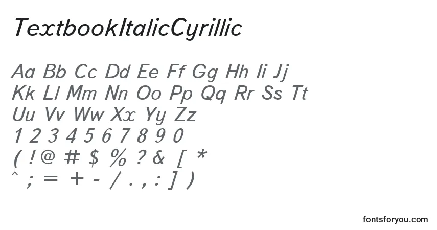 TextbookItalicCyrillicフォント–アルファベット、数字、特殊文字