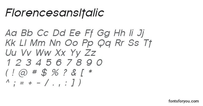 Шрифт FlorencesansItalic – алфавит, цифры, специальные символы
