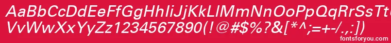 UniversLt56Oblique-Schriftart – Weiße Schriften auf rotem Hintergrund