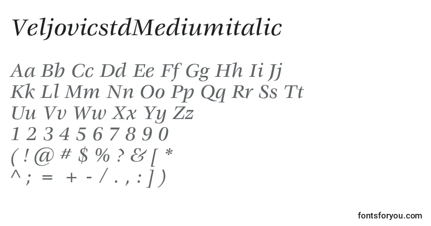 A fonte VeljovicstdMediumitalic – alfabeto, números, caracteres especiais