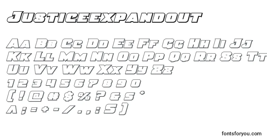 Czcionka Justiceexpandout – alfabet, cyfry, specjalne znaki