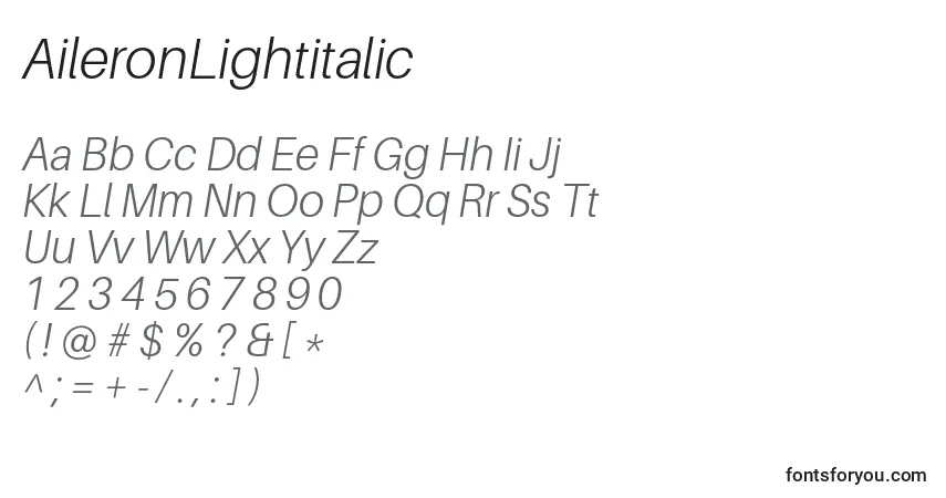Шрифт AileronLightitalic – алфавит, цифры, специальные символы