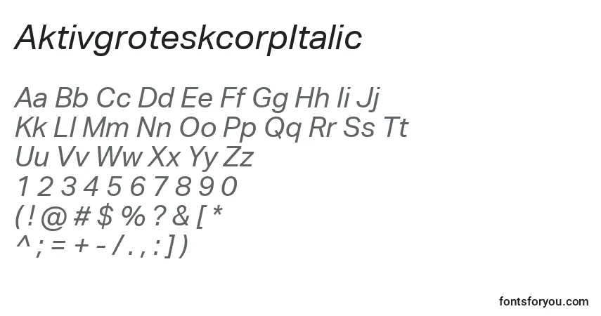 Fuente AktivgroteskcorpItalic - alfabeto, números, caracteres especiales