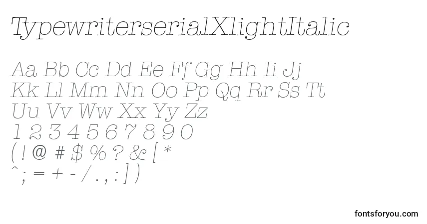 A fonte TypewriterserialXlightItalic – alfabeto, números, caracteres especiais