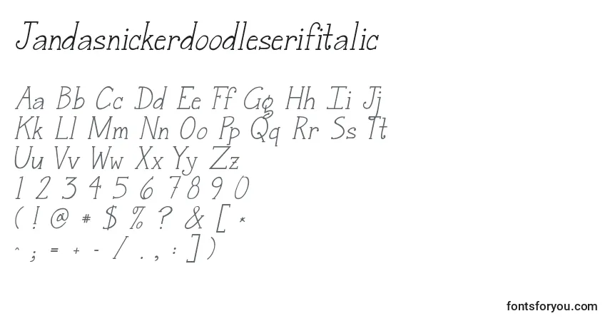 Шрифт Jandasnickerdoodleserifitalic – алфавит, цифры, специальные символы