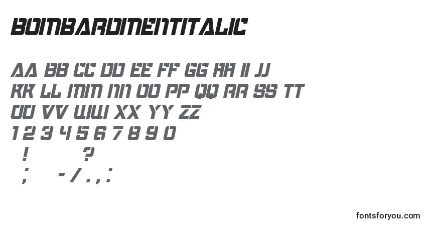 A fonte BombardmentItalic – alfabeto, números, caracteres especiais