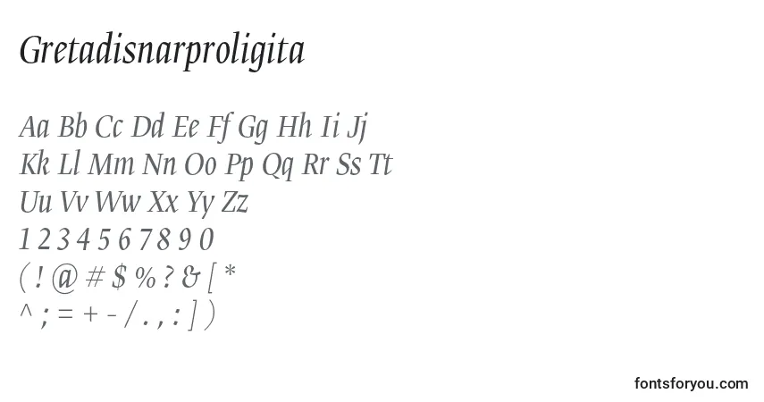 A fonte Gretadisnarproligita – alfabeto, números, caracteres especiais