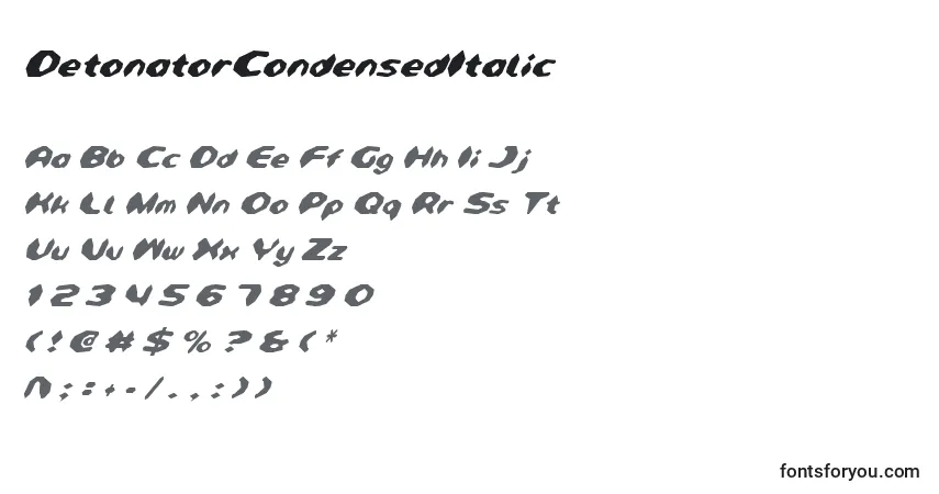 A fonte DetonatorCondensedItalic – alfabeto, números, caracteres especiais