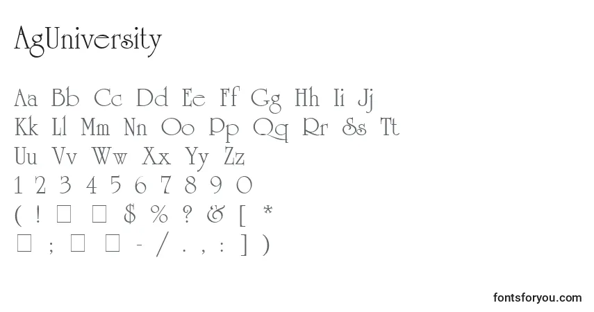A fonte AgUniversity – alfabeto, números, caracteres especiais
