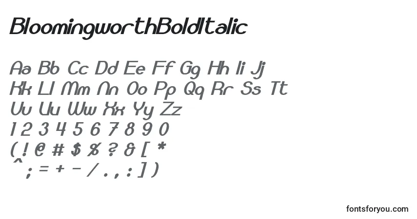 Шрифт BloomingworthBoldItalic – алфавит, цифры, специальные символы