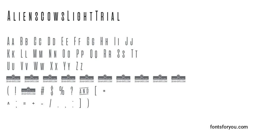 A fonte AlienscowsLightTrial – alfabeto, números, caracteres especiais