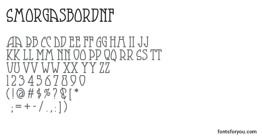 Schriftart Smorgasbordnf – Alphabet, Zahlen, spezielle Symbole