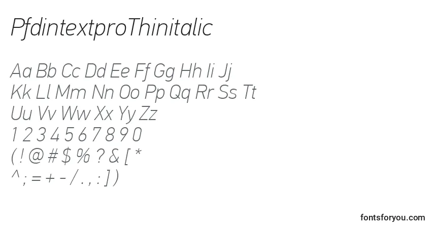 Czcionka PfdintextproThinitalic – alfabet, cyfry, specjalne znaki