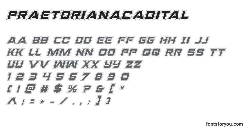 A fonte Praetorianacadital – alfabeto, números, caracteres especiais